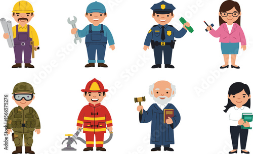 Cartoon illustration of different professions, builder, mechanic, police officer, teacher, soldier, firefighter, judge, doctor, isolated characters, vector flat vector illustration