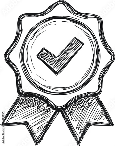 Hand-drawn sketch of a badge with a check mark symbolizing quality