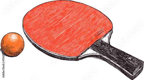 Table tennis paddle with red rubber and orange ball sketch illustration