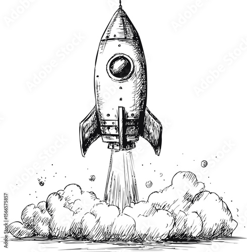 Hand-drawn vintage rocket launching with smoke and flames, sketch illustration
