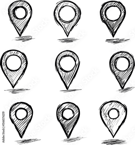 Hand-drawn location pins in black sketchy style arranged in grid pattern