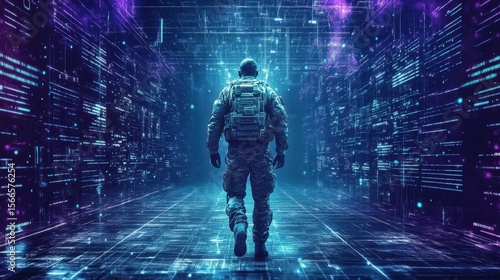 Soldier Walking Through a Futuristic Digital Landscape
