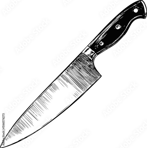 Detailed black and white illustration of a chef's knife with a wooden handle