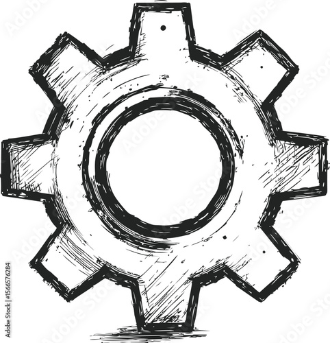 Black and white sketch of a gear with rough texture, industrial design concept
