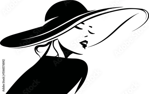 Stylish woman in black wide-brimmed hat and elegant pose, minimalist art