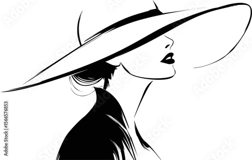 Elegant silhouette of a woman in a wide-brimmed hat in black and white style
