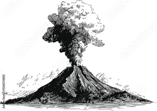 Erupting volcano with thick smoke in detailed black and white ink drawing