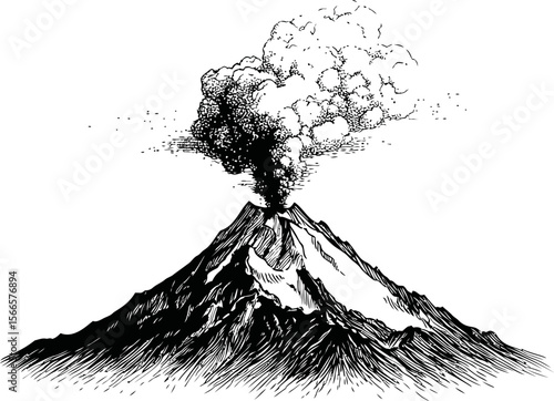 Volcanic eruption with smoke cloud in detailed black and white illustration