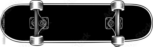 Black skateboard deck with white detailed illustration of wheels and trucks