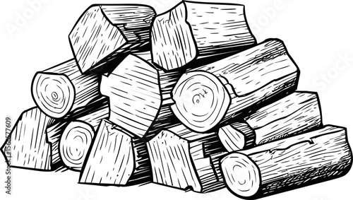 Stack of chopped firewood in black and white line art illustration