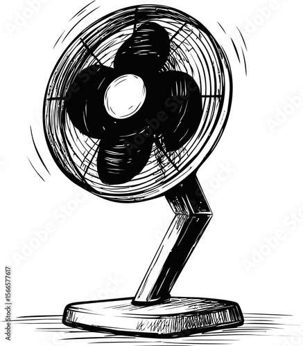Black and white sketch of a desk fan with swirling blades
