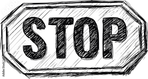 Black and white sketch of a stop sign on a textured background