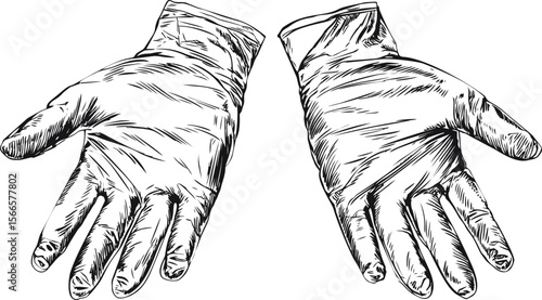 Detailed monochrome illustration of two protective gloves in sketch style
