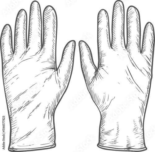 Illustration of latex gloves with detailed hatching, medical protection concept