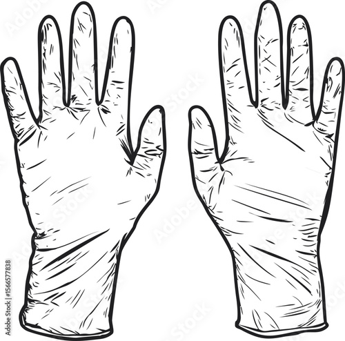 Line drawing of two latex gloves facing upward with wrinkle details