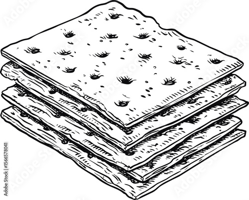 Illustration of stacked crispbread with detailed texture black and white sketch