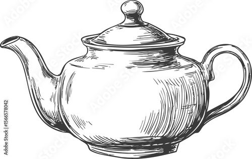 Vintage line drawing of a teapot with intricate details and classic design