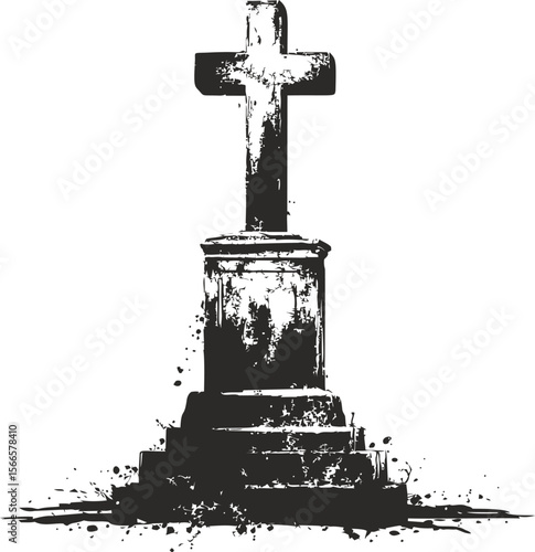 Black and white splattered cross on a pedestal with ink effects