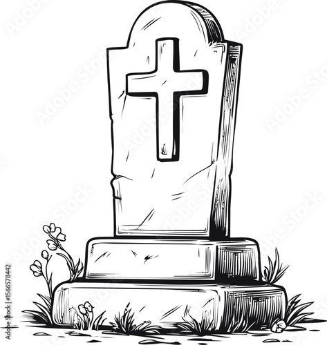 Monochrome drawing of a gravestone with cross and flowers, line illustration