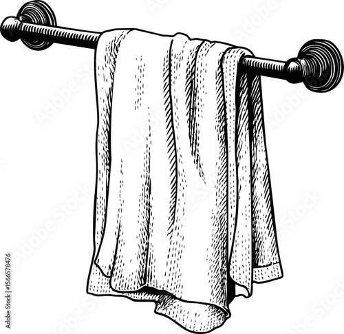 Illustration of a textured towel hanging on a rod in black and white sketch