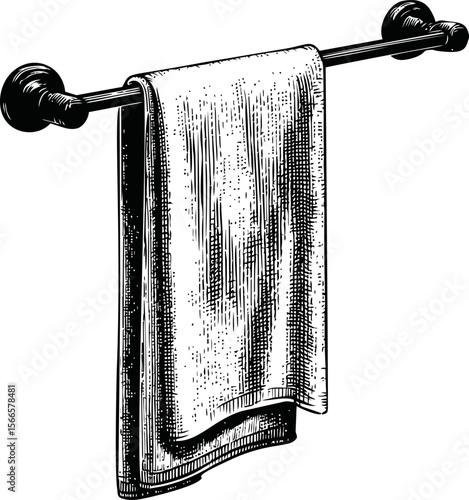 Vintage illustration of towel on holder with detailed shading in black and white