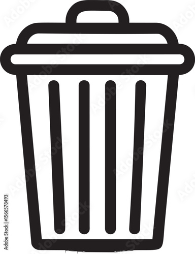Black and white trash can icon with a lid and vertical stripes