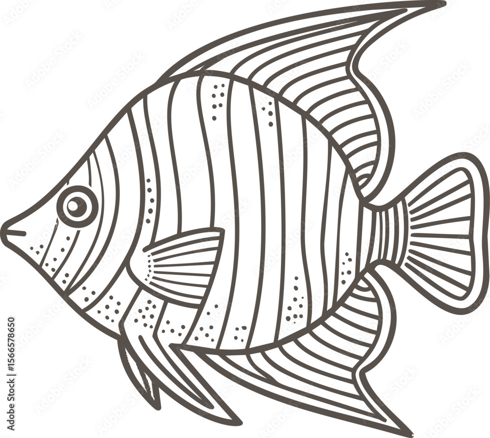 Obraz premium Black and white line drawing of a striped tropical fish illustration