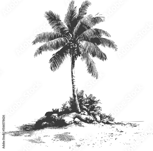 Black and white illustration of a lone palm tree on a small sandy island