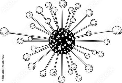 Black and white illustration of a spiky sphere with projecting spikes