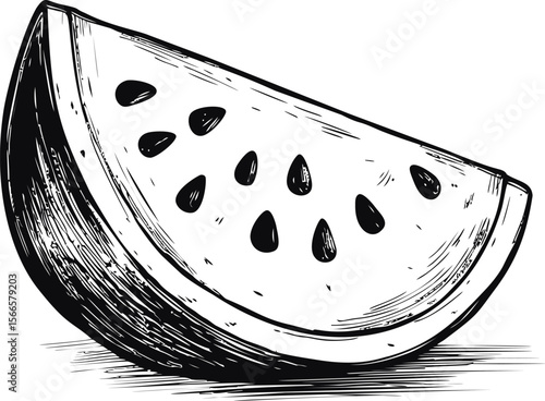 Illustrated black and white sketch of a watermelon slice, vintage art style