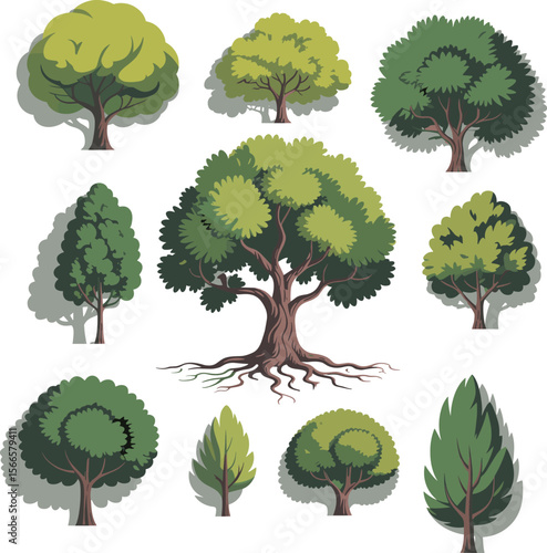  Set of green forest trees, cartoon flat style, nature collection, big and small trees with roots, foliage illustration pack flat vector illustration