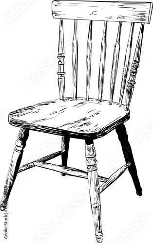 Vintage wooden chair with spindle back in black and white sketch style