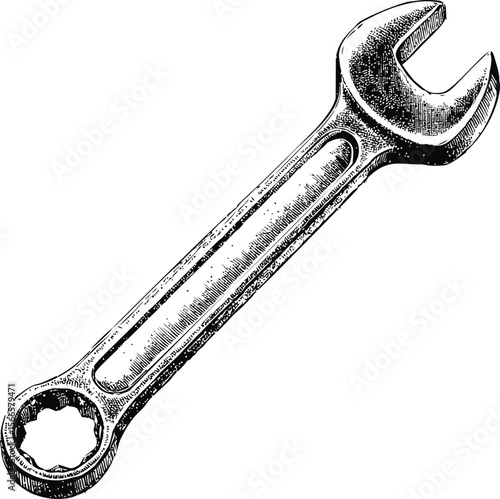 Detailed black and white illustration of a vintage spanner with texture