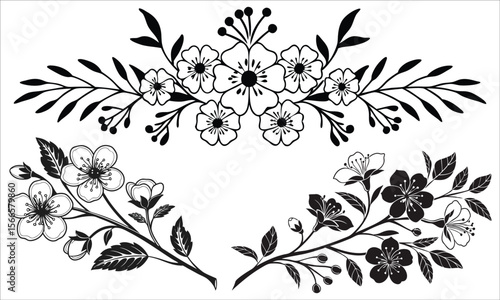Black floral branches with blossoms and leaves black and white