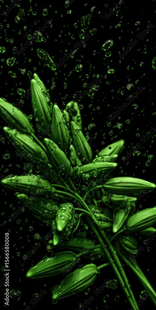 Fototapeta premium A Close-Up of Vibrant Green Leaves with Dewdrops, Embodying the Freshness and Vitality of Life