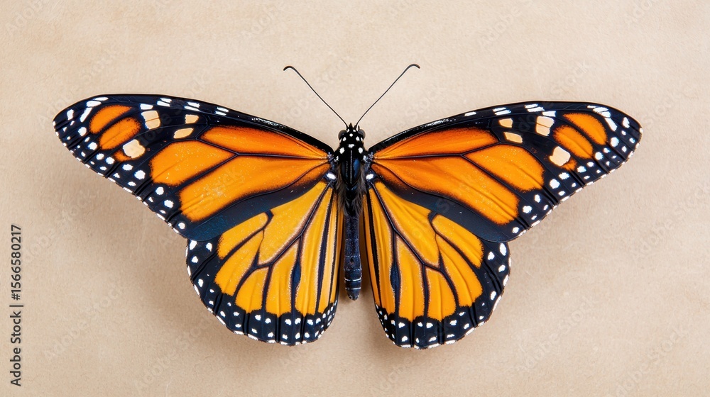 Fototapeta premium Vibrant Monarch Butterfly with Distinctive Orange and Black Wings Displayed Symmetrically on a Neutral Background