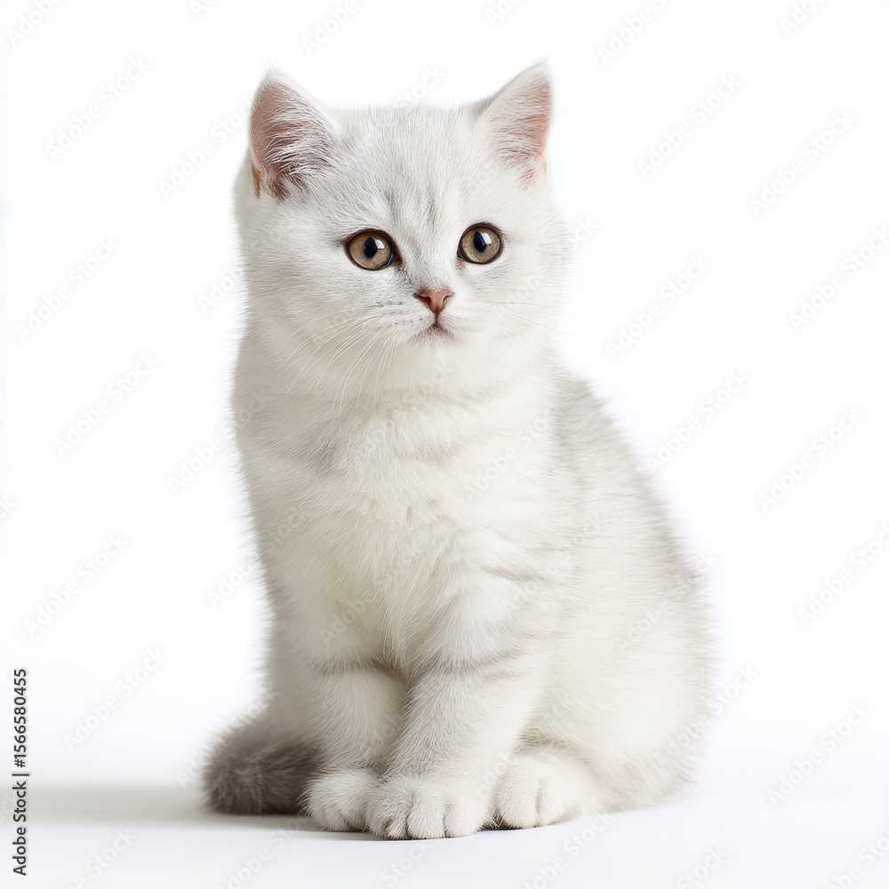 Naklejka premium Adorable British Shorthair Kitten with Plush Fur on White Background