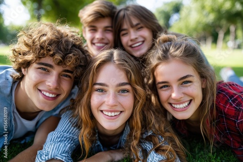 Group of friends smiling together in a park on a sunny day enjoying leisure time