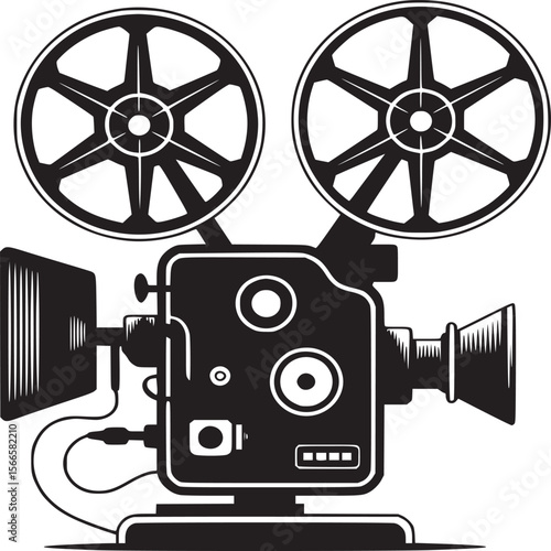 Vintage film projector vector illustration for movie night and cinema concept design in black and white style on transparent background