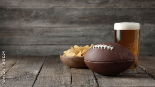 Football fan lifestyle with beer and chips on rustic wooden table for game day
