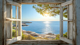 Serene view of a sunny coastline through an open rustic wooden window