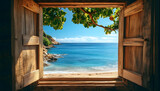 Serene view of a sunny coastline through an open rustic wooden window
