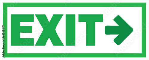 A green exit sign with a white background and a directional arrow pointing to the right indicating a way out