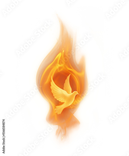 Dove of the Holy Spirit Surrounded by Flames Symbolic Flame Representing the Descent of the Holy Spirit. Transparent background PNG. 