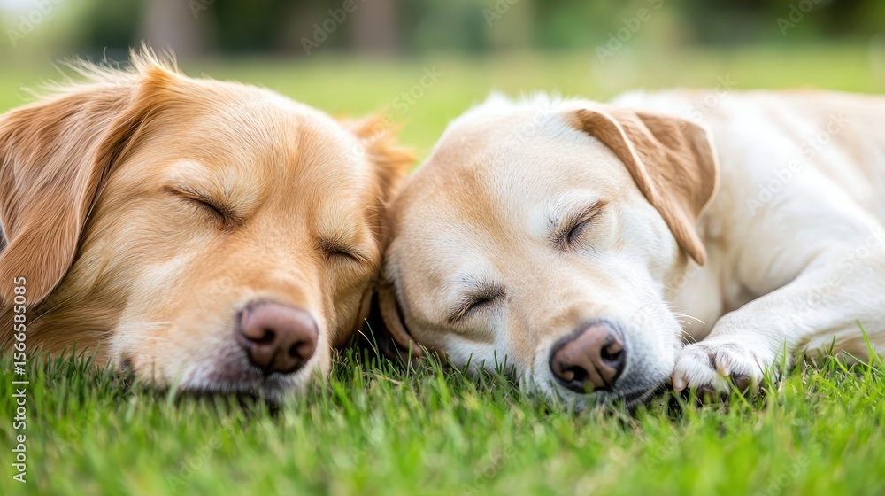 Two Adorable Dogs Sleeping Peacefully on Green Grass in a Sunny Garden Creating a Relaxing and Heartwarming Atmosphere for Pet Lovers Two Adorable Dogs Sleeping Peacefully on Green Grass in a Sunny Garden Creating a Relaxing and Heartwarming Atmosphere for Pet Lovers