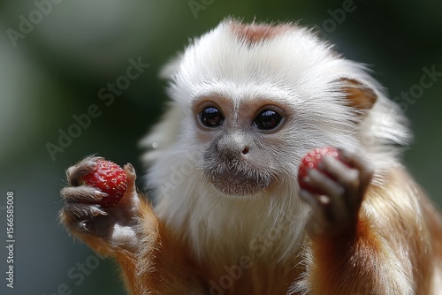 A moment of curiosity captured as a white-furred monkey enjoys a sweet treat amidst its lush green backdrop