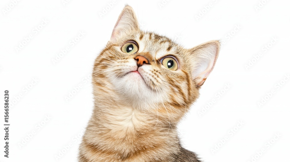 Obraz premium Adorable Tabby Cat with Big Eyes Looking Upward Against a White Background, Capturing the Curiosity and Playfulness of Feline Companions