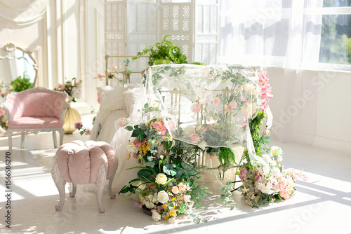 Obraz na plátně luxury delicate vintage white bedroom with metal bed and pillows and linen in classic style