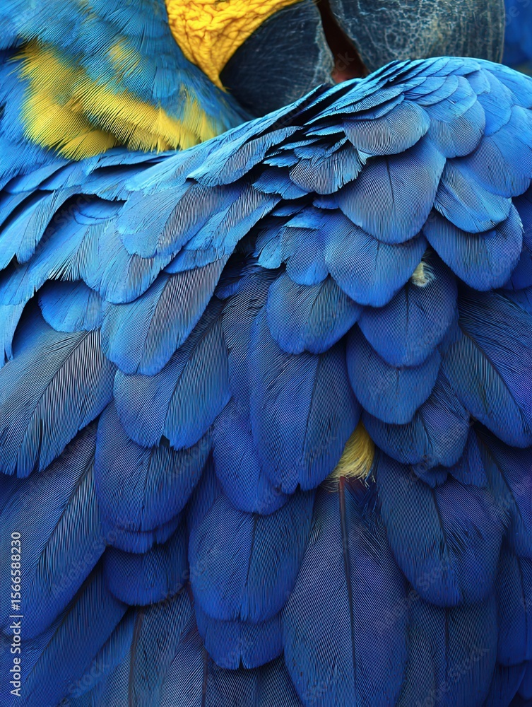 Fototapeta premium A close-up of vibrant blue parrot feathers with a hint of yellow, showcasing the intricate patterns and textures that make these birds' plumage so striking