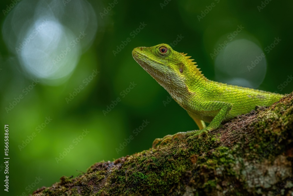 A vibrant green lizard perches on a moss-covered branch, its gaze directed upwards, embodying the quiet majesty of nature A vibrant green lizard perches on a moss-covered branch, its gaze directed upwards, embodying the quiet majesty of nature